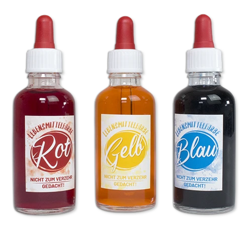 Flüssige Lebensmittelfarbe in Blau, Rot und Gelb
